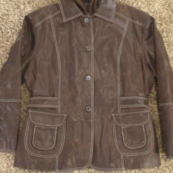 Columbia Vintage Y2K Leather Jacket XL Brown Hooded Pockets Button Front Quilted - Picture 4 of 8